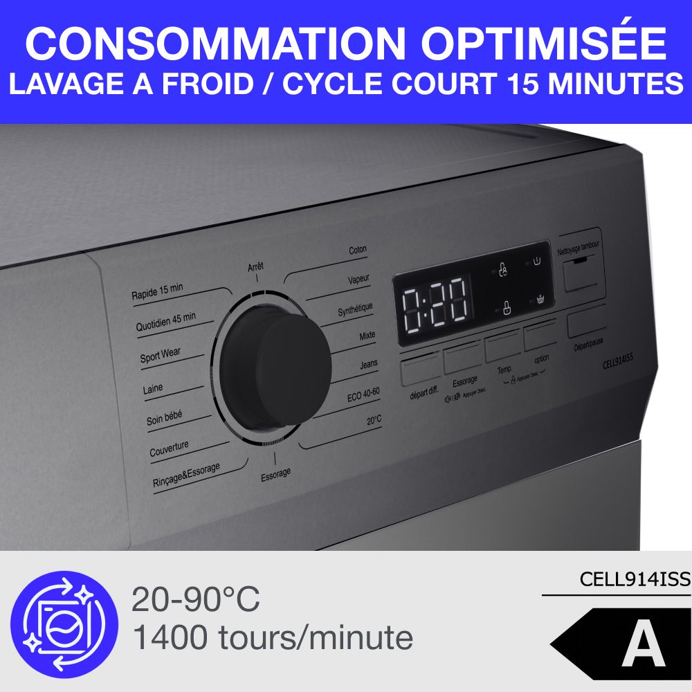 Lave-linge hublot CONTINENTAL EDISON CELL914ISS - 9 kg - Largeur 59,5 cm - Classe A - 1400 trs - moteur induction -Silver