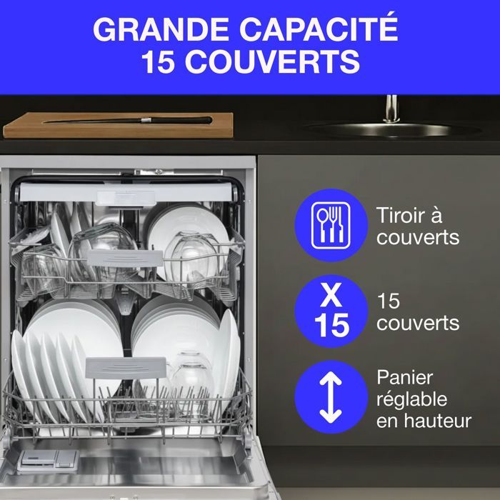 Lave-vaisselle pose libre CONTINENTAL EDISON - 15 couverts - Largeur 59,8 cm - Classe D - moteur induction - 39 dB - Silver