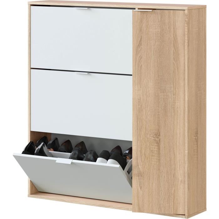 Meuble a chaussures - CLASS - 3 tiroirs abattants et 1 porte - Chene et blanc - L106xP22xH115cm