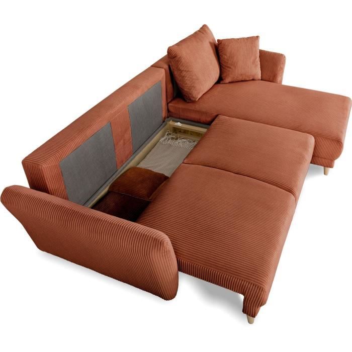Canapé d'angle convertible réversible - 3 / 4 places - CLAUDIUS - Tissu Velours côtelé Terracotta - Coffre - 244 x 158 x 86 cm
