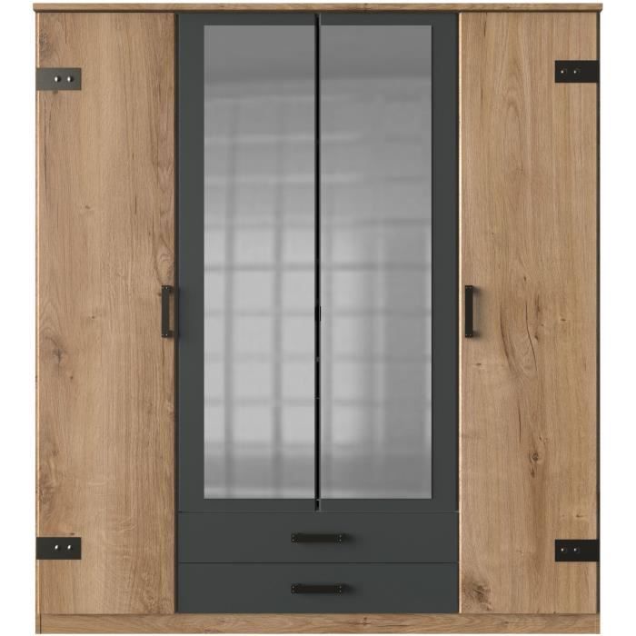 Armoire CORFOU - Décor Chene et gris anthracite + Miroirs - 4 portes battantes - 2 tiroirs - L180 x P58 x H199 cm