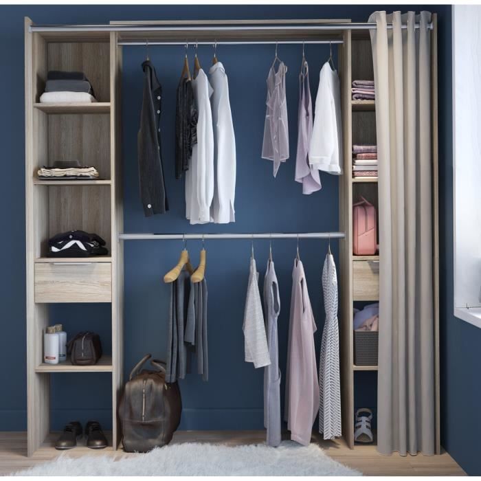 Dressing double extensible - Décor chene + rideau - DANA - L 115/190 x P 50 x H 203 cm - DEMEYERE