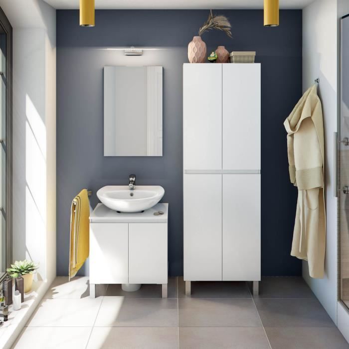 Meuble de salle de bain - double colonne - Blanc brillant - 4 portes - L60 x P35 x H182 cm - DESTAL