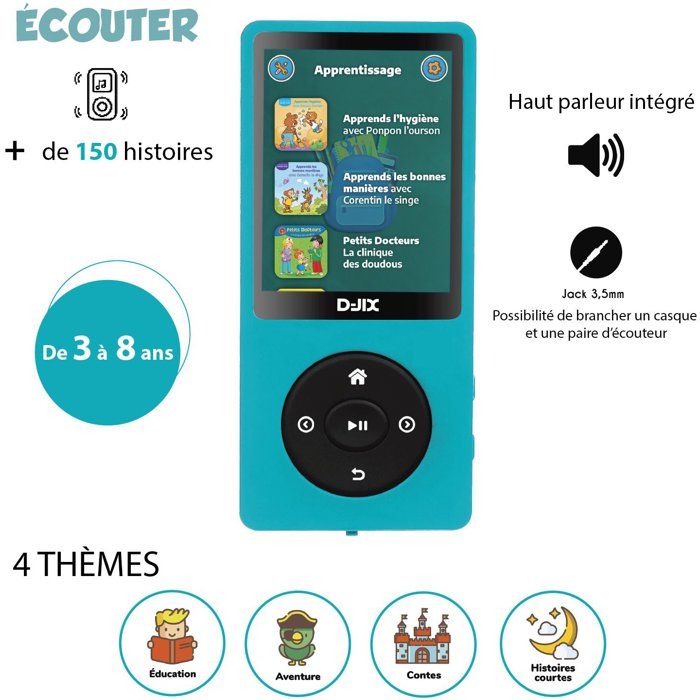 Baladeur a histoire - D-JIX- M-STORYKIDS - 2,4 - + de 150 histoires intégrées - Autonomie 25h - Bluetooth - 4GB - 300 mAh - USB-C