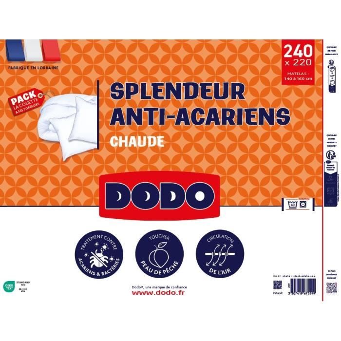 DODO Pack Couette chaude anti-acariens 220x240 cm + 2 oreillers 60x60 cm - Splendeur - Garnissage 100% volupt'air 350gr/m˛ - Blanc