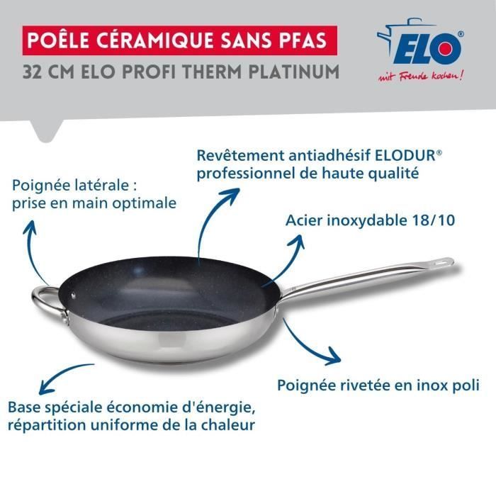 Set de 3 poeles a induction avec couvercles en verre - ELO - Professional - Inox 18/10 ELODUR - Ř 24-28 et 32 cm