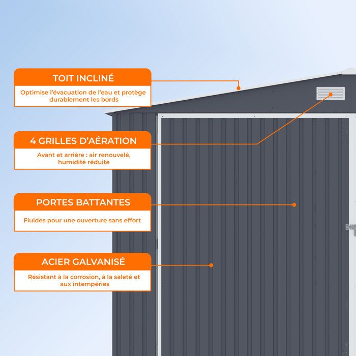 Abri de jardin / Garage en métal 16 m˛ - 380 x 420 x 232 - COMET - Kit d'ancrage, 2 portes coulissantes , 1 porte latérale Gris