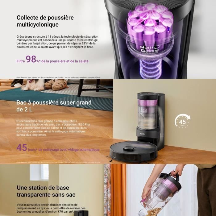 EUREKA E20 Plus - Aspirateur Robot avec Station de Vidange Automatique - 8000 Pa - Anti Enchevetrement - Évitement d'Obstacles 3D