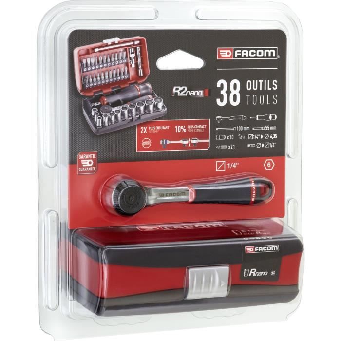 Coffret douilles 1/4'' - FACOM - R2NANOPB - 6 pans métriques et embouts - 38 pieces diametre 5,5 a 14mm