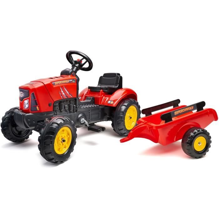 Tracteur a pédales SuperCharger - FALK - Volant directionnel et remorque - Fabriqué en France - 50% de plastique recyclé - Des 2 ans