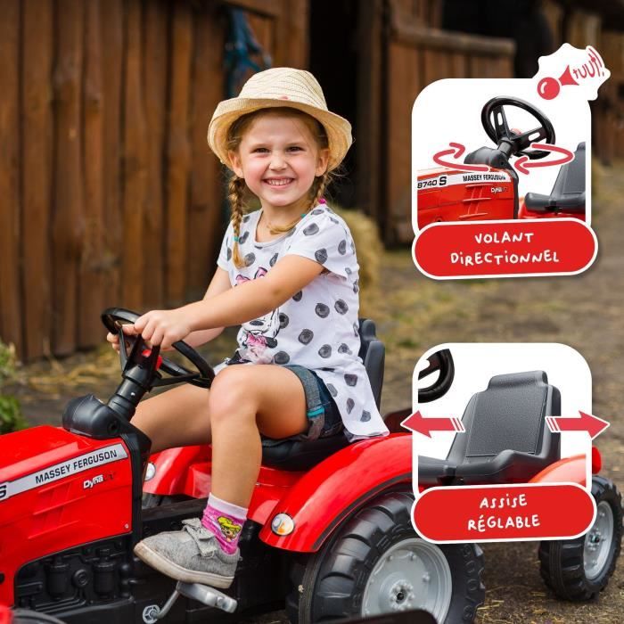 Tracteur a pédales Massey Ferguson - FALK - Volant directionnel, Remorque - Fabriqué en France - 60% de plastique recyclé, Des 3 ans