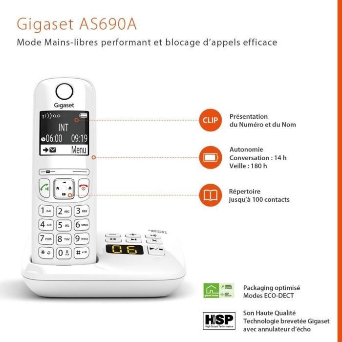 Téléphone Fixe AS690 A Trio Blanc - GIGASET - Monochrome - 20 tonalités de sonnerie - Mains libres