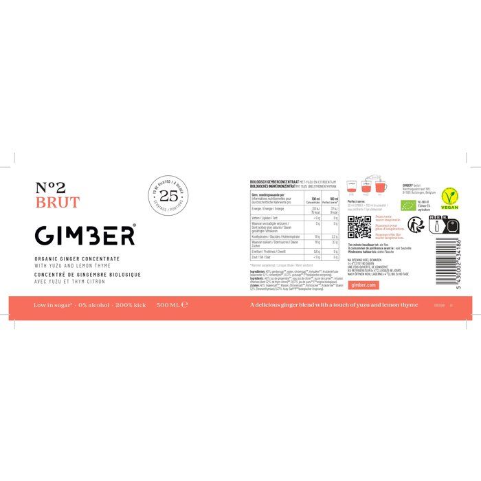 Gimber - N°2 - Brut - Concentré de gingembre biologique avec yuzu et thym citron - 500 ml - Bio