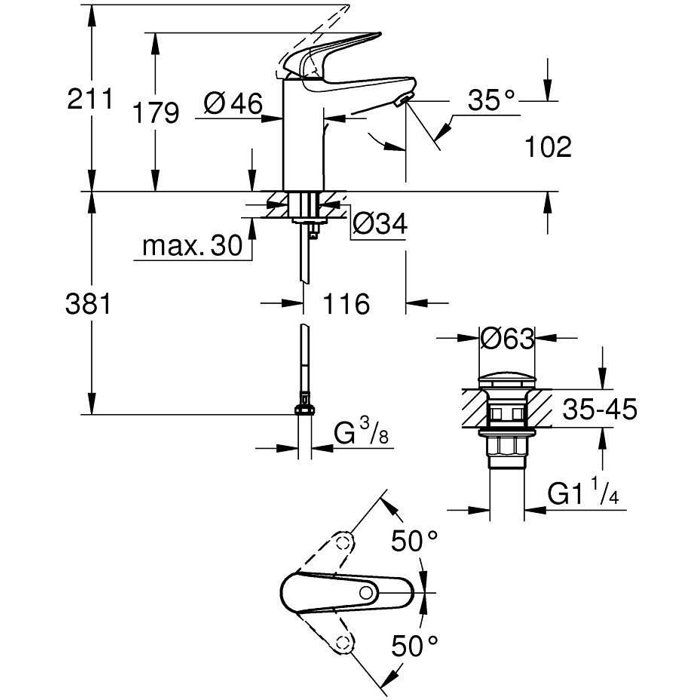 Mitigeur monocommande lavabo - GROHE Swift - 24326001 - Chromé - Taille M - Economie d'eau - Vidage clic clac