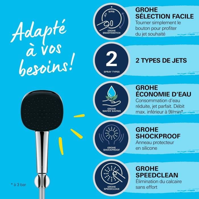 Ensemble de douche avec pommeau 2 jets, support et flexible - GROHE Vitalio Comfort 110 26399001 - Sélection facile - Economie d'eau