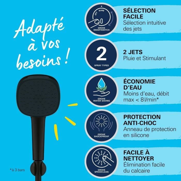 Ensemble de douche avec pommeau 2 jets, support et flexible - GROHE Vitalio Comfort 110 263992431 - Sélection facile -Economie d'eau