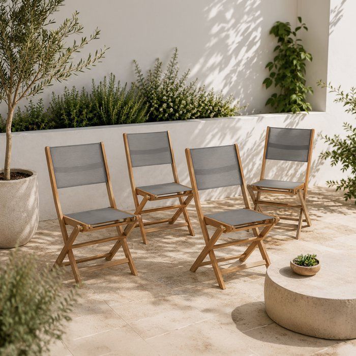 Lot de 4 chaises de jardin pliantes en bois d'acacia FSC - EDEN - Assise textilene - Gris - 58 x 58 x H90 cm