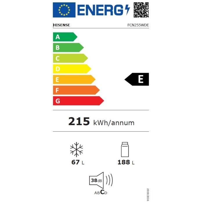 Réfrigérateur combiné - HISENSE - FCN255WDE - 2 portes - 255 L - Classe E - 55 x 56,3 x 179,7 cm - Argent