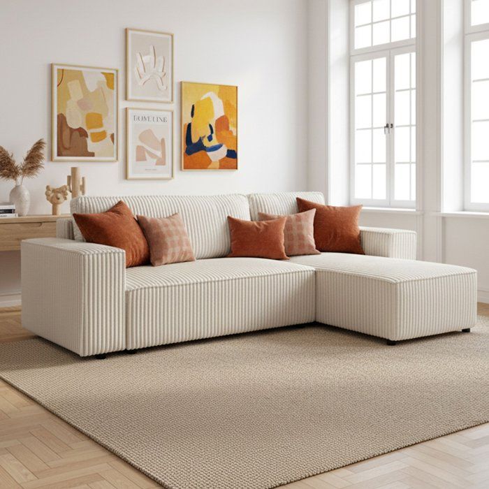 Canapé d'angle convertible réversible 4 places - JOSH - Tissu velours grosses côtes Beige - 242 x 155 x 86 cm