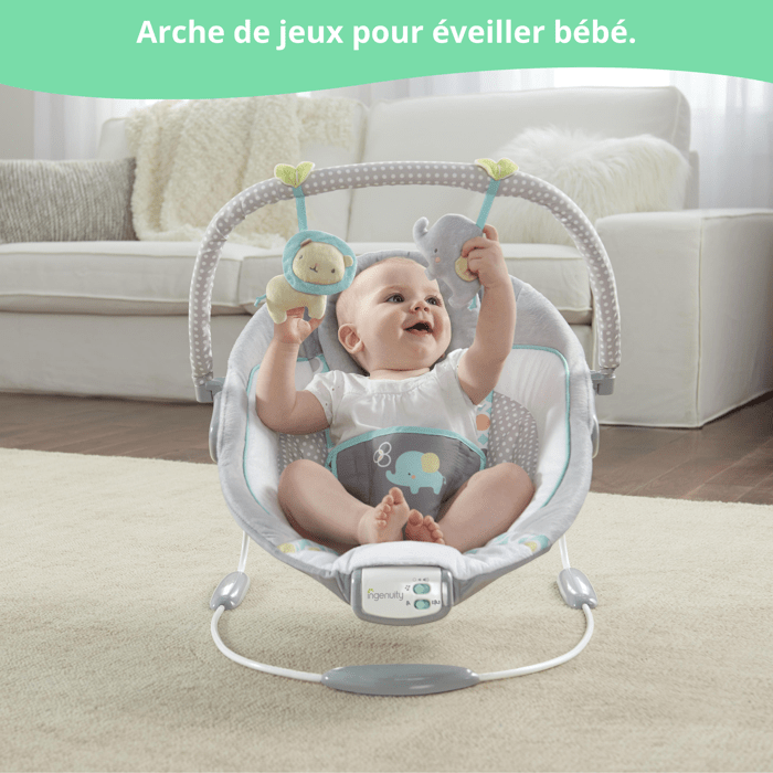 INGENUITY Transat pour bébé-Morrison- Arche avec jouets d'éveil amovible, 8 Mélodies, Vibrations apaisantes, cadeau bébé