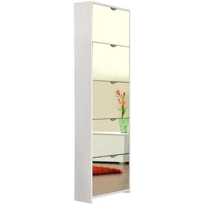 Meuble a chaussures - Blanc et Facades miroir- L58 x H177 x P17 cm - 15 paires - 5 abattants - KOBLENZ