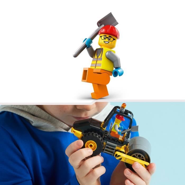 LEGO 60401 City Le Rouleau Compresseur de Chantier, Maquette de Jouet de Camion avec Minifigurines d'Ouvrier