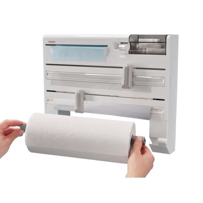 Dérouleur mural Leifheit Parat Plus ComfortLine 25723, porte-rouleau mural avec lames tranchantes et 6 places de rangements, blanc
