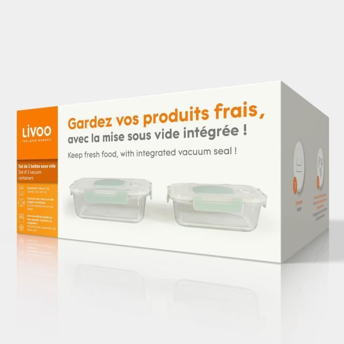 Set de 2 boîtes sous vide - LIVOO - MEN404V - 1,04 L et 1,5 L - Verre borosciliate - Couvercle en plastique - Emboîtables