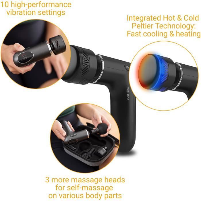 Pistolet de massage chaud & froid - MEDISANA - MG 560 - 10 intensités de percussion - 3 niveaux - 4 accessoires - Noir