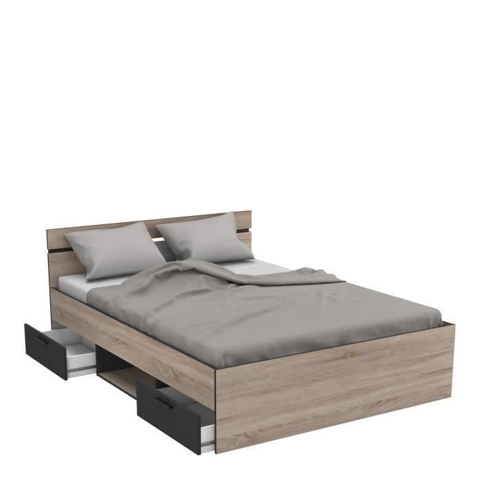DEMEYERE Michigan Lit adulte 140x190 cm - 2 tiroirs et 1 niche - Industriel - Certifié PEFC 100% - Décor chene brossé et noir