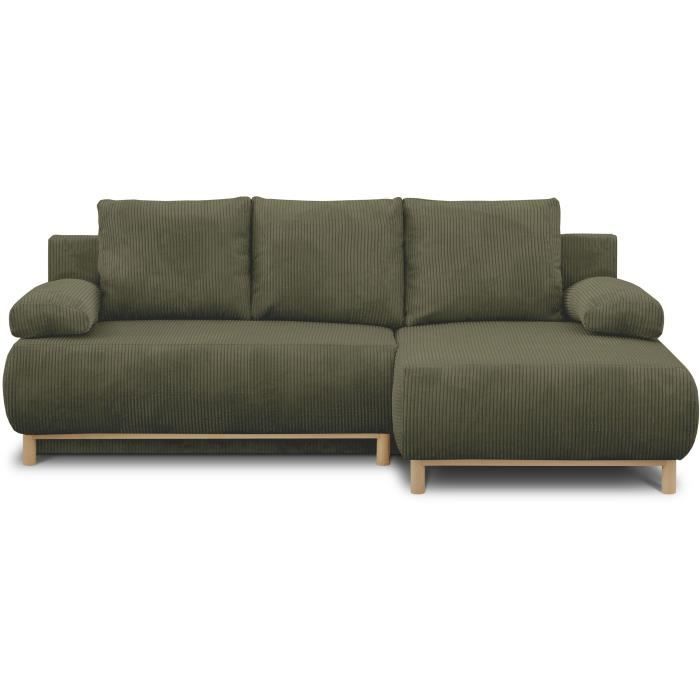 Canapé d'angle droit convertible - 3 places - MIKA - Tissu velours côtelé vert kaki - Coffre de rangement - 192 x 84 x 93 cm