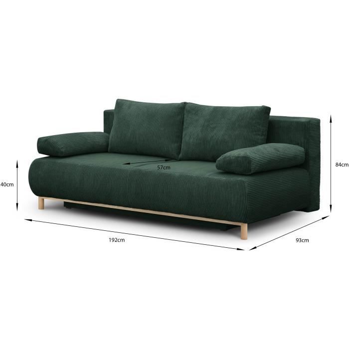 Canapé convertible - 3 places - MIKA - Velours côtelé vert foret - Coffre de rangement - L 192 x H 84 x P 93 cm