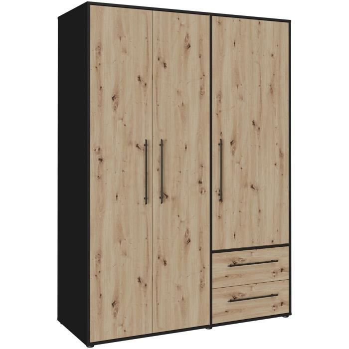 Armoire - Décor Chene Artisan / Noir - 3 portes - L144,4 x P58,8 x H200cm - MOKKARIS