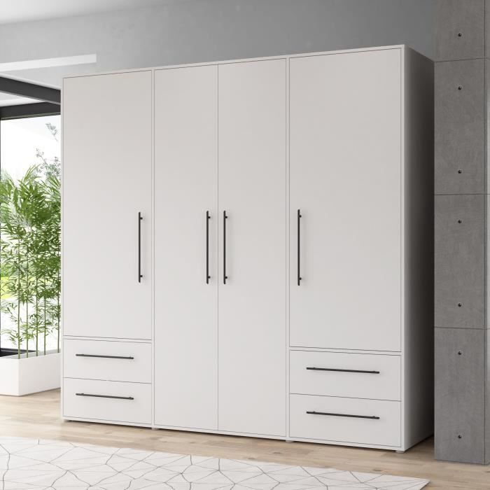 Armoire - Blanc mat - 4 portes battantes - L205,9 x P58,8 x H 200cm - MOKKARIS