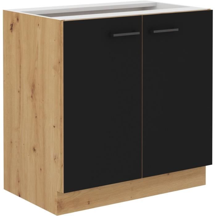 MODENA - Meuble bas - 2 portes battantes - 80 x 52 x 82 cm - Chene artisan / Noir mat - Plan de travail non inclus