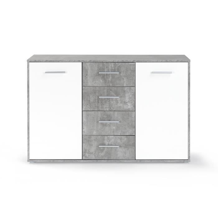 Buffet bas PILVI - 2 portes et 4 tiroirs - Blanc et béton clair - L 122,6 x P 34,2 x H 81,1 cm
