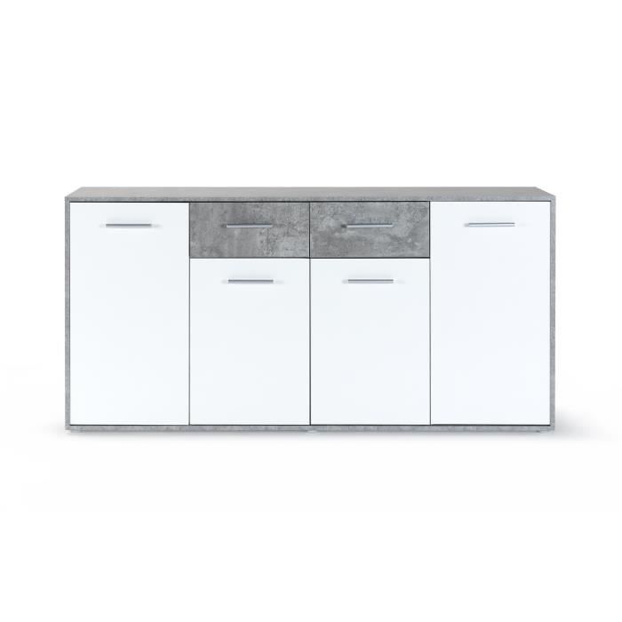 Buffet bas PILVI - 4 portes et 2 tiroirs - Blanc et béton clair - L 162,3 x P 34,2 x H 88,1 cm
