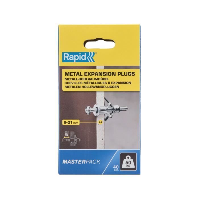 Chevilles a Expansion - RAPID - Métal pour Cloison Plâtre 6-21mm - Lot 40 - Charge Max 50 kg - (5001567)