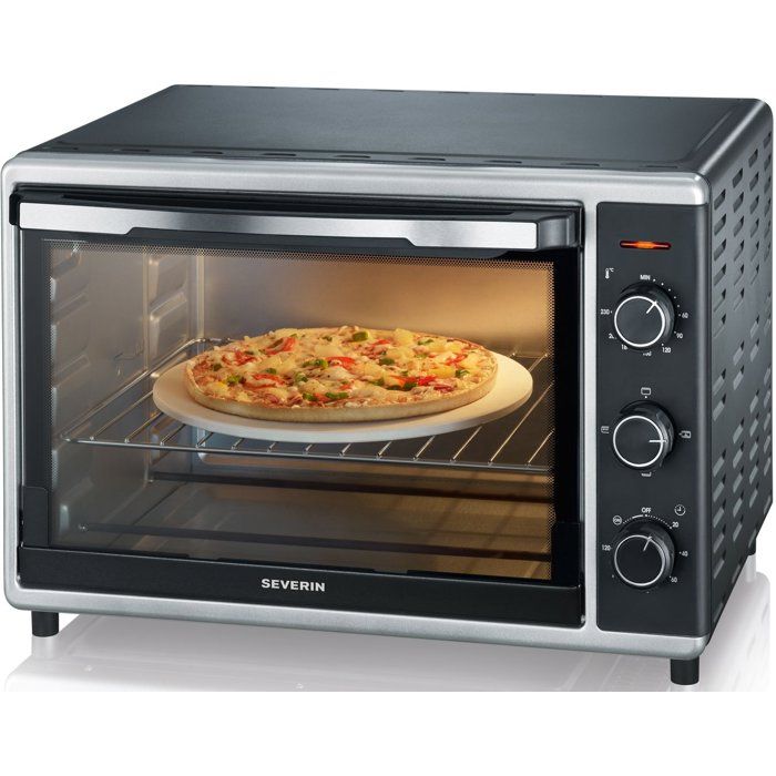 Mini Four chaleur SEVERIN TO2058 tournante 42 L, pierre a pizza et tournebroche, Four posable 1 800 W, Minuteur 120 min, Noir/Inox