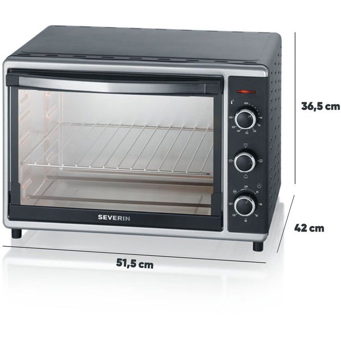 Mini Four chaleur SEVERIN TO2058 tournante 42 L, pierre a pizza et tournebroche, Four posable 1 800 W, Minuteur 120 min, Noir/Inox