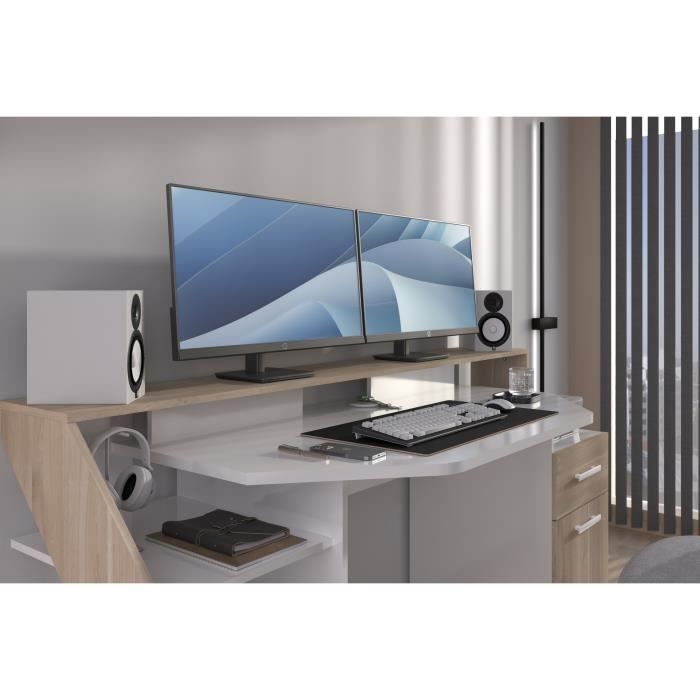 Bureau gaming avec LED Silver - Décor chene et mélamine blanc brillant - L 178 x P 88 x H 68 cm - PARISOT