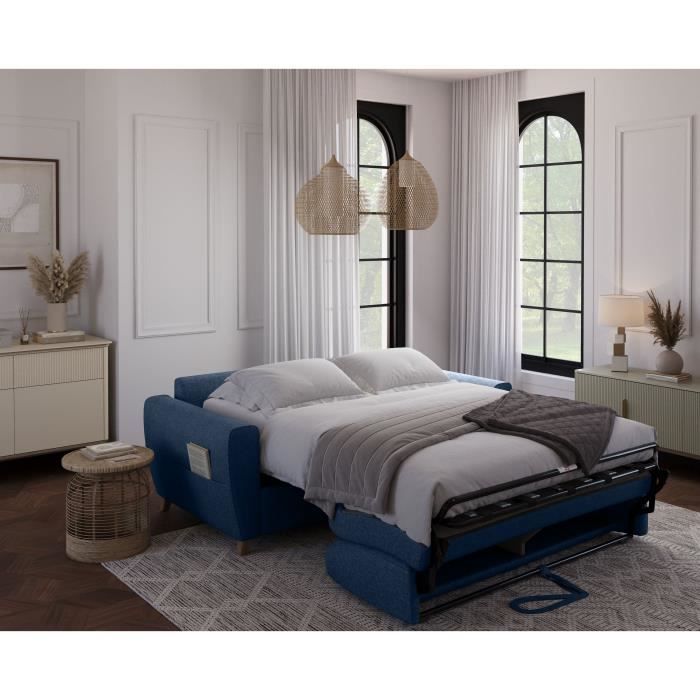 Canapé convertible express 3 places SKY - Tissu Bleu - matelas 14cm - 192 x 100 x 88 cm
