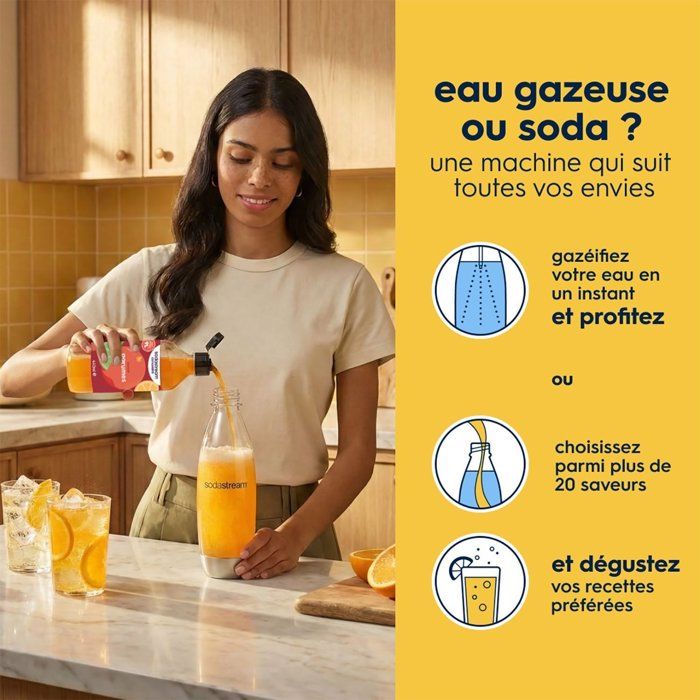 Machine a soda et eau pétillante SODASTREAM - TERRA Blanche - 2 bouteilles compatible lave-vaisselle - 1 recharge de gaz 60L
