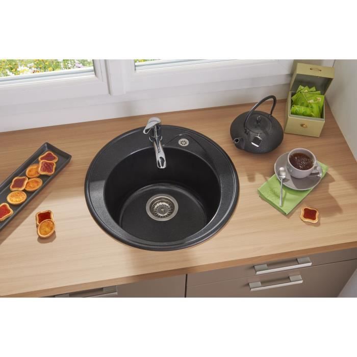 STRADOUR Evier a encastrer RONDA, en SMC NOIR PAILLETE - 06, 1 bac, dim. Ř 49 cm, vidage manuel