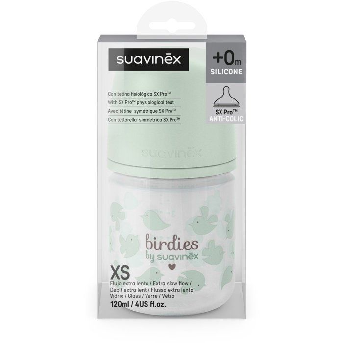 Biberon verre - SUAVINEX - Birdies - Tétine SX Pro XS - 120 ml - 0 a 3 mois - Vert