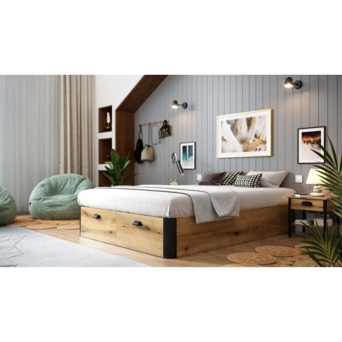 Lit coffre adulte - Couchage 140x190 cm - 2 Tiroirs frontaux - Fabriqué en Espagne