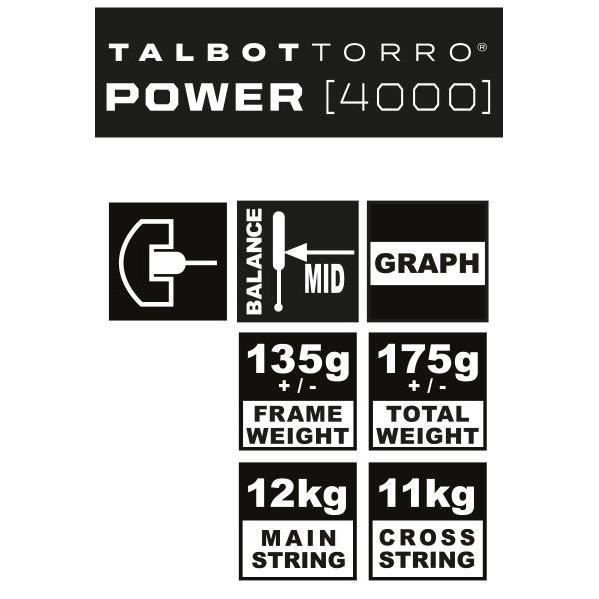 Raquette de squash - TALBOT TORRO - POWER 4000 - Profil en U - Cordage US 500 - Tete 480cm˛ - Cadre 18.2mm/135g - 175g