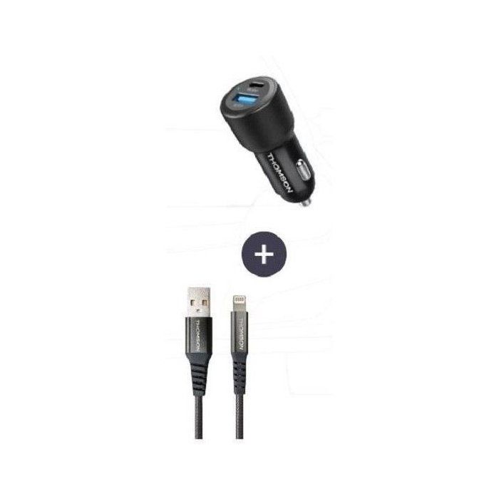 Pack chargeur de voiture + câble - THOMSON - Chargeur de voiture 12/24V 60 W + Câble A vers L 3A haute performance- Longueur 1.50 m