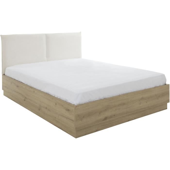Lit coffre tete textile - TIDY - 140 x 190 cm - Chene / Ecru - Sommier inclus - GAMI