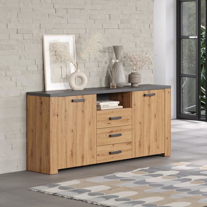 Buffet FOLLOW - Mélamine chene artisan et gris ardoise - 2 Portes + 3 Tiroirs - L180 x P40 x H83 cm - TRENDTEAM